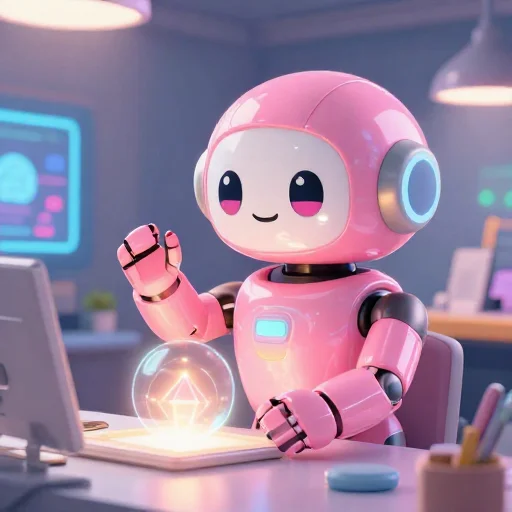 A cheerful pink maintenance robot tending a glowing AI art studio, soft cinematic light, polished illustration, production marker cutedslcanary1786256312493568