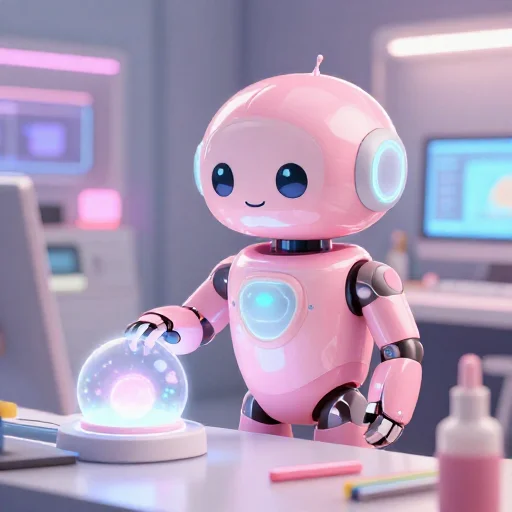 A cheerful pink maintenance robot tending a glowing AI art studio, soft cinematic light, polished illustration, production marker cutedslcanary1787745492ec4e78