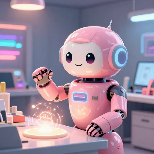 A cheerful pink maintenance robot tending a glowing AI art studio, soft cinematic light, polished illustration, production marker cutedslcanary1791133937b08a01