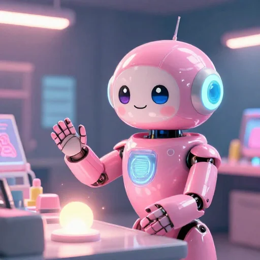 A cheerful pink maintenance robot tending a glowing AI art studio, soft cinematic light, polished illustration, production marker cutedslcanary17862344670277a7