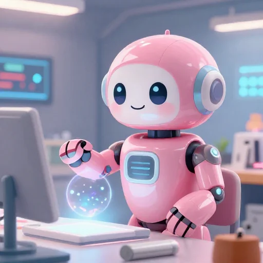 A cheerful pink maintenance robot tending a glowing AI art studio, soft cinematic light, polished illustration, production marker cutedslcanary179063156030a34c