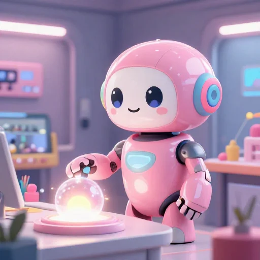 A cheerful pink maintenance robot tending a glowing AI art studio, soft cinematic light, polished illustration, production marker cutedslcanary17874570932eadcc
