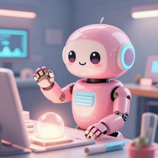 A cheerful pink maintenance robot tending a glowing AI art studio, soft cinematic light, polished illustration, production marker cutedslcanary1787014760e75109