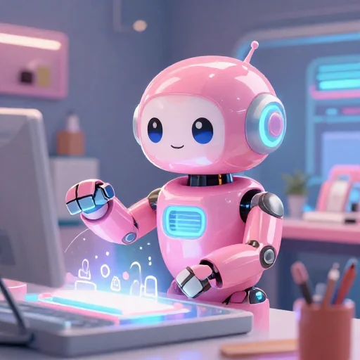 A cheerful pink maintenance robot tending a glowing AI art studio, soft cinematic light, polished illustration, production marker cutedslcanary1786331545ea22f5