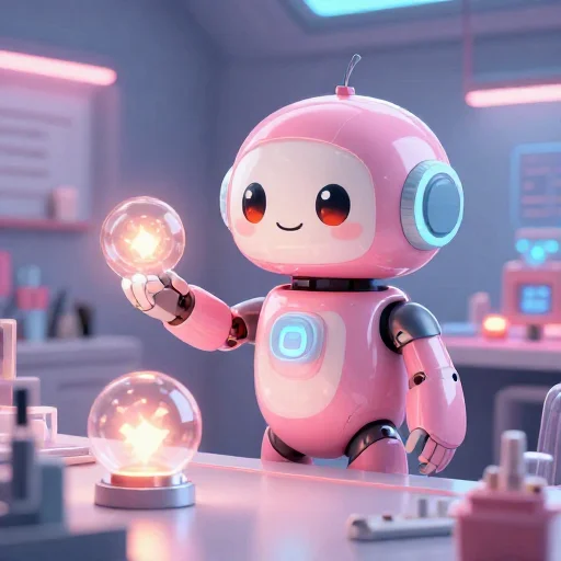 A cheerful pink maintenance robot tending a glowing AI art studio, soft cinematic light, polished illustration, production marker cutedslcanary178831207234c6b1