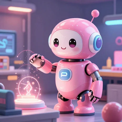 A cheerful pink maintenance robot tending a glowing AI art studio, soft cinematic light, polished illustration, production marker cutedslcanary17895781133630f5