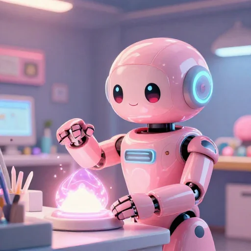 A cheerful pink maintenance robot tending a glowing AI art studio, soft cinematic light, polished illustration, production marker cutedslcanary179050044025e78c