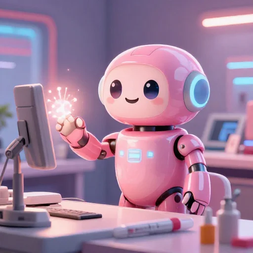 A cheerful pink maintenance robot tending a glowing AI art studio, soft cinematic light, polished illustration, production marker cutedslcanary17897965673a99ce