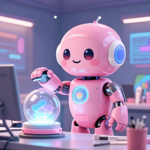 A cheerful pink maintenance robot tending a glowing AI art studio, soft cinematic light, polished illustration, production marker cutedslcanary1790871806477dbb