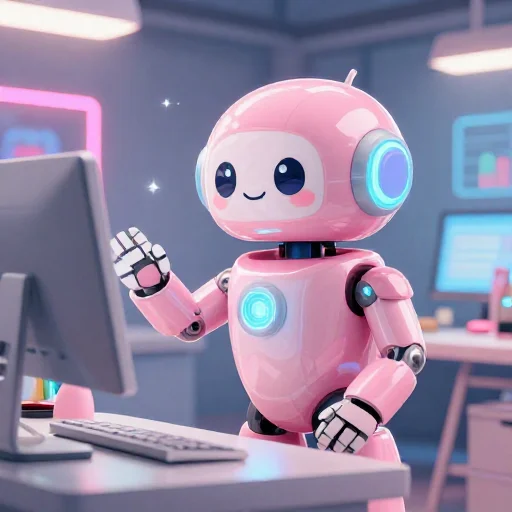 A cheerful pink maintenance robot tending a glowing AI art studio, soft cinematic light, polished illustration, production marker cutedslcanary179176774860366d