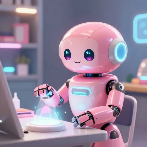 A cheerful pink maintenance robot tending a glowing AI art studio, soft cinematic light, polished illustration, production marker cutedslcanary1791745853806b24