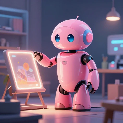 A cheerful pink maintenance robot tending a glowing AI art studio, soft cinematic light, polished illustration, production marker cutedslcanary17858809509a6c62