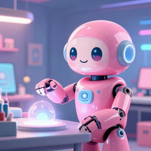 A cheerful pink maintenance robot tending a glowing AI art studio, soft cinematic light, polished illustration, production marker cutedslcanary1791789645ec1804