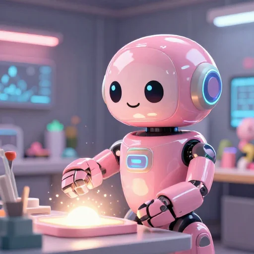 A cheerful pink maintenance robot tending a glowing AI art studio, soft cinematic light, polished illustration, production marker cutedslcanary1787587786ec3984