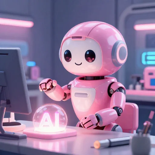 A cheerful pink maintenance robot tending a glowing AI art studio, soft cinematic light, polished illustration, production marker cutedslcanary1787635691677879