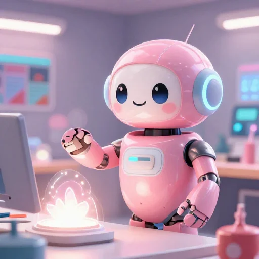 A cheerful pink maintenance robot tending a glowing AI art studio, soft cinematic light, polished illustration, production marker cutedslcanary178879259578f7eb