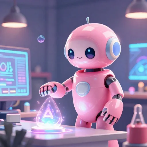 A cheerful pink maintenance robot tending a glowing AI art studio, soft cinematic light, polished illustration, production marker cutedslcanary178644023251798b