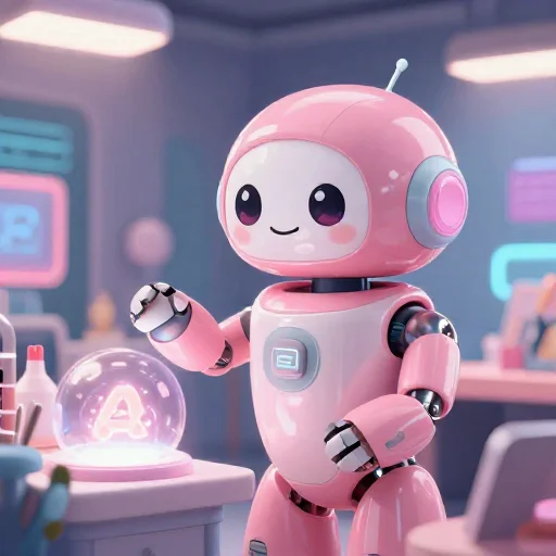 A cheerful pink maintenance robot tending a glowing AI art studio, soft cinematic light, polished illustration, production marker cutedslcanary1786234582a327de