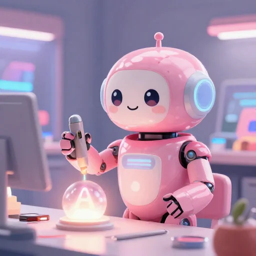 A cheerful pink maintenance robot tending a glowing AI art studio, soft cinematic light, polished illustration, production marker cutedslcanary1788399169211186