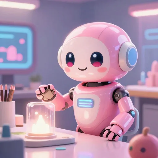 A cheerful pink maintenance robot tending a glowing AI art studio, soft cinematic light, polished illustration, production marker cutedslcanary1792464950017cd4