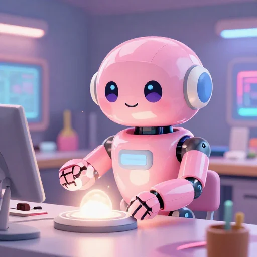 A cheerful pink maintenance robot tending a glowing AI art studio, soft cinematic light, polished illustration, production marker cutedslcanary1790718886bed5f4