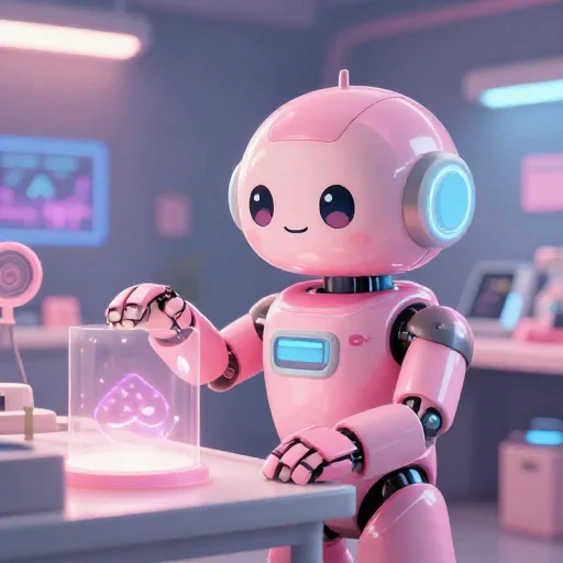 A cheerful pink maintenance robot tending a glowing AI art studio, soft cinematic light, polished illustration, production marker cutedslcanary1786604913fd1975
