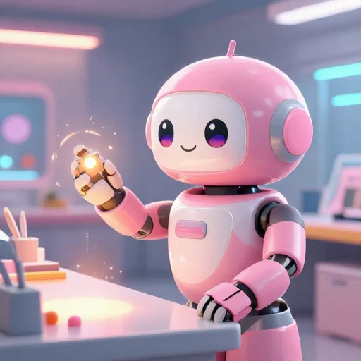 A cheerful pink maintenance robot tending a glowing AI art studio, soft cinematic light, polished illustration, production marker cutedslcanary1792268743b4f6d1