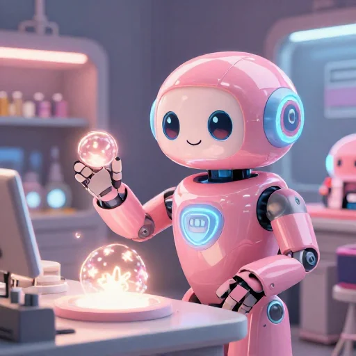 A cheerful pink maintenance robot tending a glowing AI art studio, soft cinematic light, polished illustration, production marker cutedslcanary1791680148748286