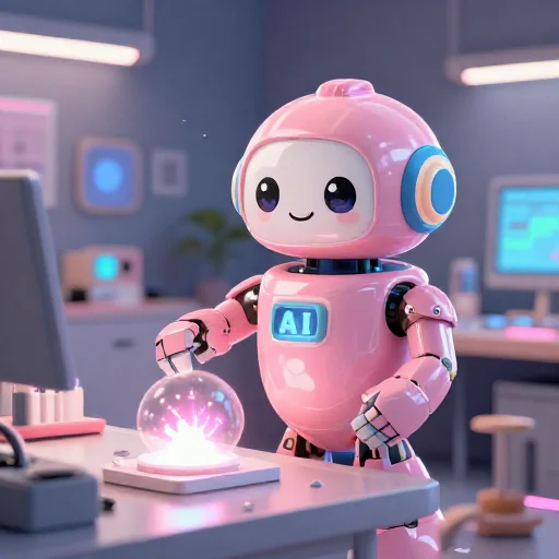 A cheerful pink maintenance robot tending a glowing AI art studio, soft cinematic light, polished illustration, production marker cutedslcanary1788072131d01f0a
