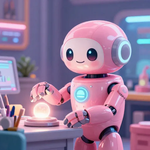 A cheerful pink maintenance robot tending a glowing AI art studio, soft cinematic light, polished illustration, production marker cutedslcanary17869528235c1e20