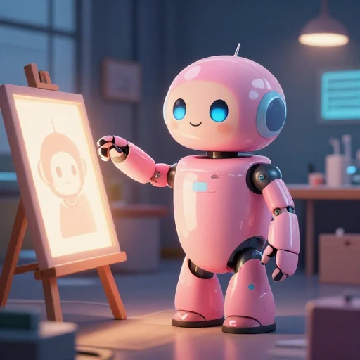 A cheerful pink maintenance robot tending a glowing AI art studio, soft cinematic light, polished illustration, production marker cutedslcanary17861150247666cc