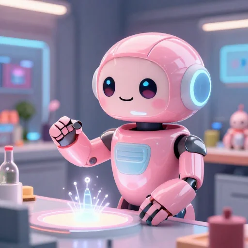 A cheerful pink maintenance robot tending a glowing AI art studio, soft cinematic light, polished illustration, production marker cutedslcanary1789556394eb2e67