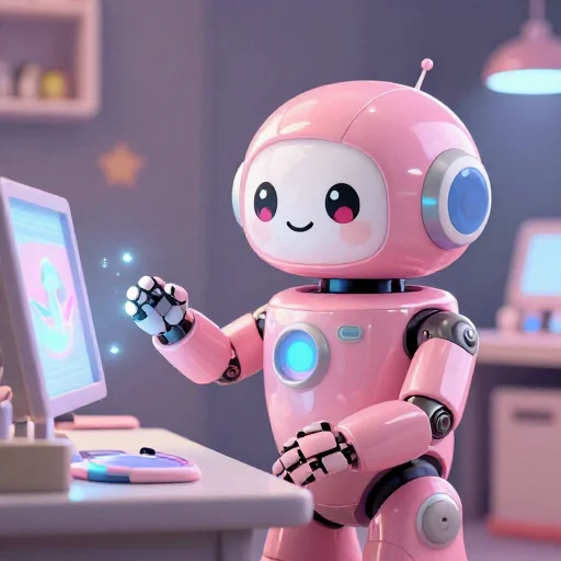A cheerful pink maintenance robot tending a glowing AI art studio, soft cinematic light, polished illustration, production marker cutedslcanary1791833154bd4928