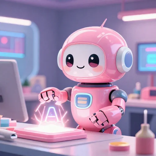 A cheerful pink maintenance robot tending a glowing AI art studio, soft cinematic light, polished illustration, production marker cutedslcanary17894256123f0aeb