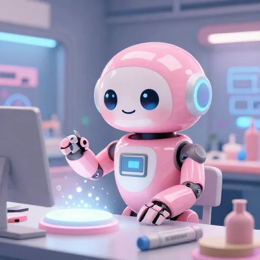 A cheerful pink maintenance robot tending a glowing AI art studio, soft cinematic light, polished illustration, production marker cutedslcanary1789360326886b27