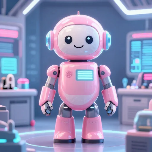 A cheerful pink maintenance robot in a glowing AI art studio, production marker codex-repair-17900778531e6cdd