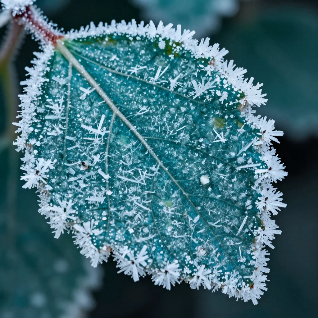 Frost crystals blooming across a teal leaf, extreme macro photography, ultra-sharp detail