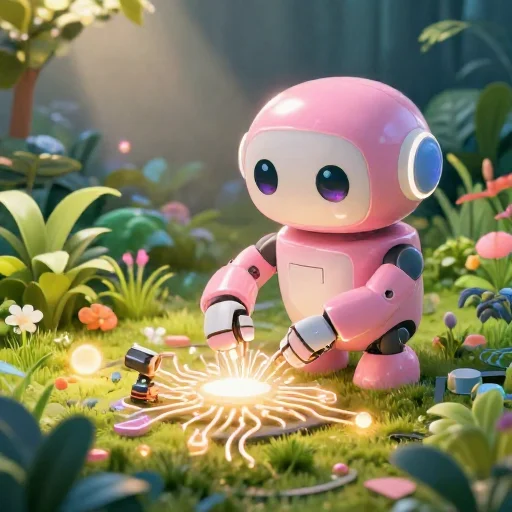 A cheerful pink maintenance robot repairing a glowing circuit garden, polished illustration, production marker cutedslrepair1786703890