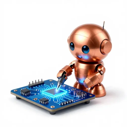 A tiny copper repair robot beside a glowing blue circuit board, polished studio illustration, production marker repaircanary20260922222857