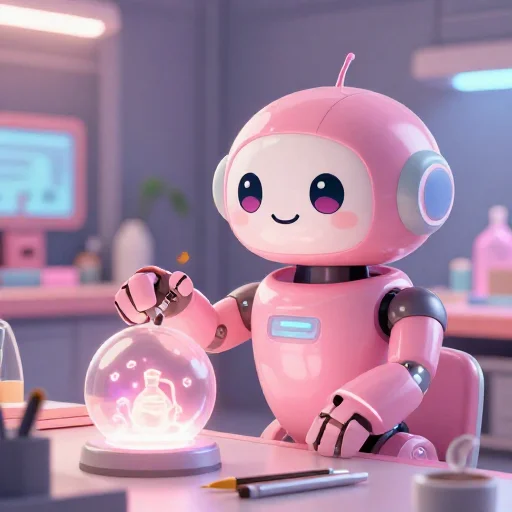 A cheerful pink maintenance robot tending a glowing AI art studio, soft cinematic light, polished illustration, production marker cutedslcanary178826857333cf87