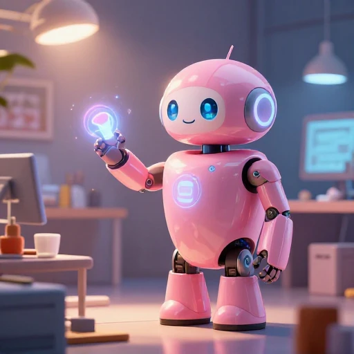 A cheerful pink maintenance robot tending a glowing AI art studio, soft cinematic light, polished illustration, production marker cutedslcanary17859991924323af