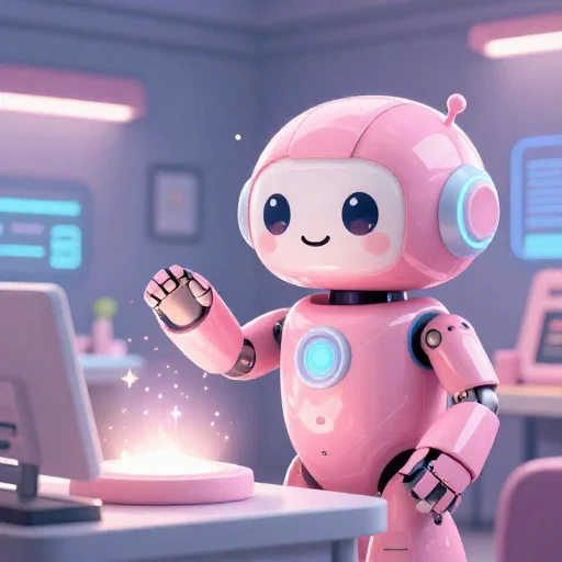 A cheerful pink maintenance robot tending a glowing AI art studio, soft cinematic light, polished illustration, production marker cutedslcanary17894474503b4f79