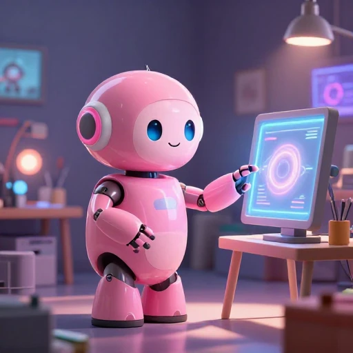 A cheerful pink maintenance robot tending a glowing AI art studio, soft cinematic light, polished illustration, production marker cutedslcanary17860686612b946c