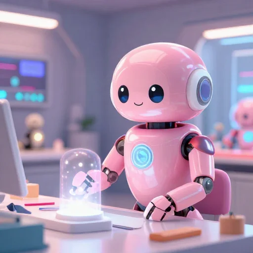 A cheerful pink maintenance robot tending a glowing AI art studio, soft cinematic light, polished illustration, production marker cutedslcanary17875005807675f1