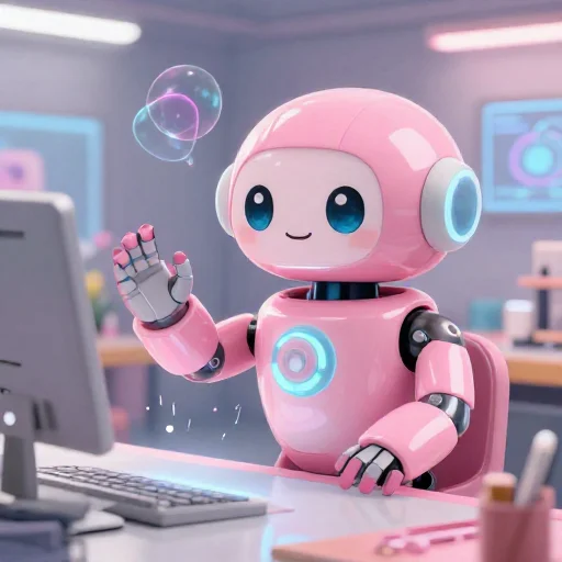 A cheerful pink maintenance robot tending a glowing AI art studio, soft cinematic light, polished illustration, production marker cutedslcanary1791549348424eb1