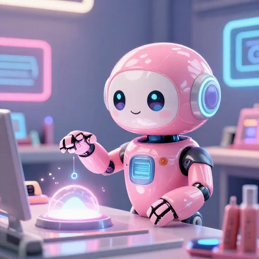 A cheerful pink maintenance robot tending a glowing AI art studio, soft cinematic light, polished illustration, production marker cutedslcanary17875442961a1e7c