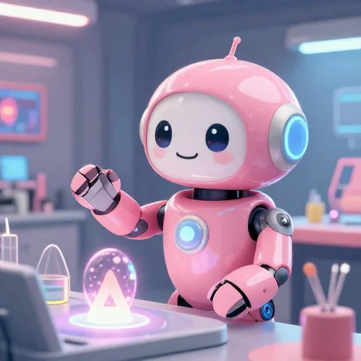 A cheerful pink maintenance robot tending a glowing AI art studio, soft cinematic light, polished illustration, production marker cutedslcanary1788442836555e04