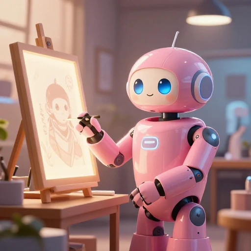 A cheerful pink maintenance robot tending a glowing AI art studio, soft cinematic light, polished illustration, production marker cutedslcanary178604702726c986