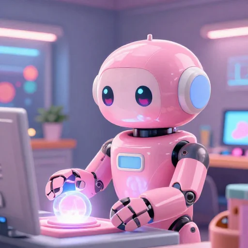 A cheerful pink maintenance robot tending a glowing AI art studio, soft cinematic light, polished illustration, production marker cutedslcanary178894475446fbe8