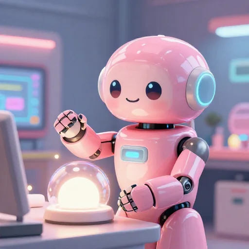 A cheerful pink maintenance robot tending a glowing AI art studio, soft cinematic light, polished illustration, production marker cutedslcanary17885080220d987d